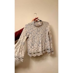 Grey-blue top with off-white lace overlay